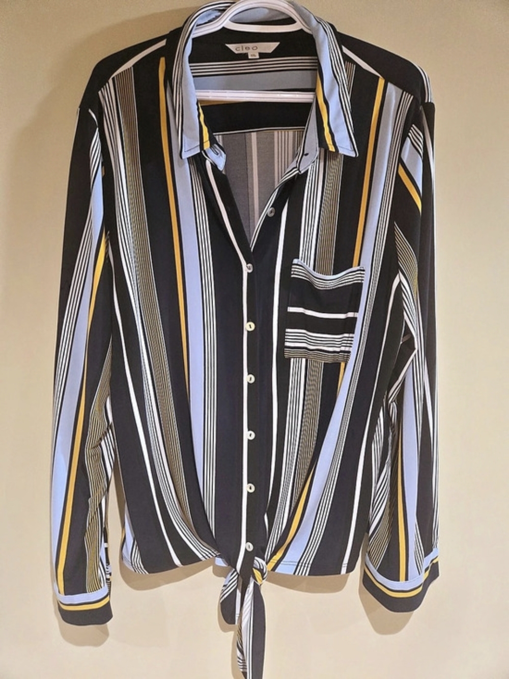 Cleo Striped Long Sleeve Tie Front Blouse Women’s XXL Button Up Front Pocket